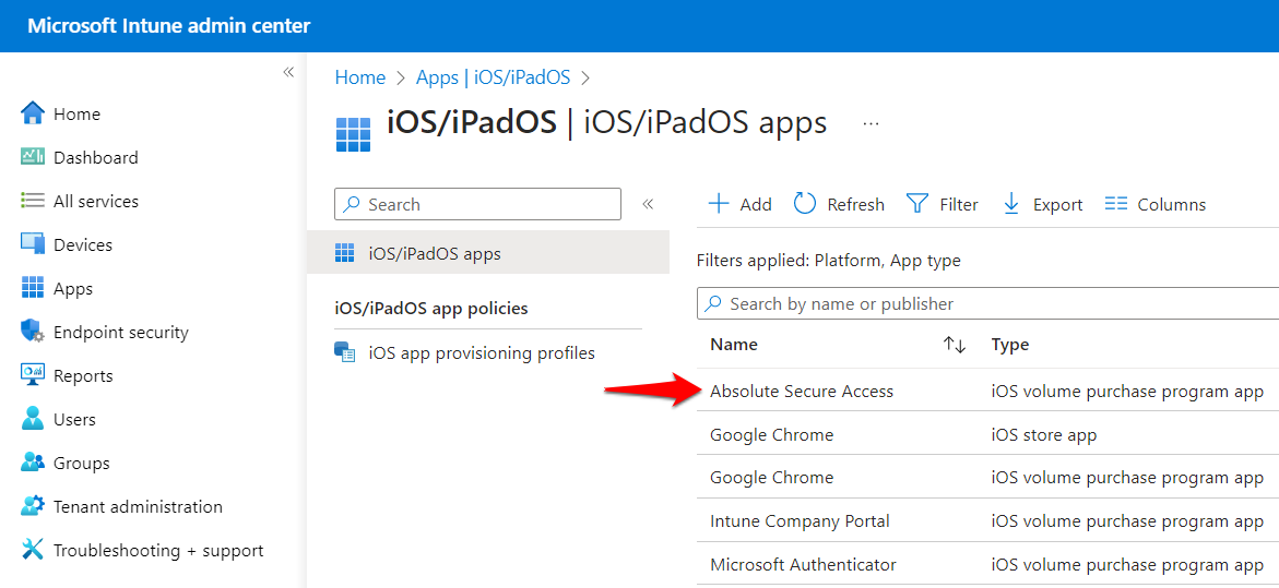iOS/iPadOS: Intune - Deploying Absolute Secure Access